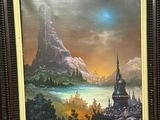 painting of a castle in a mountain landscape with a lake in the foreground
