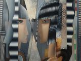 peinture abstraite représentant une femme tenant un couteau et une fourchette à la main