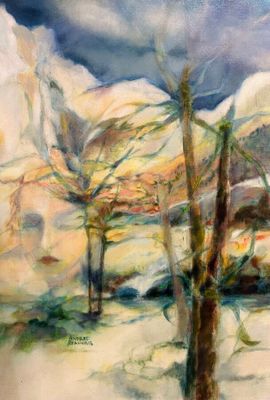 painting of a landscape with trees and mountains in the background