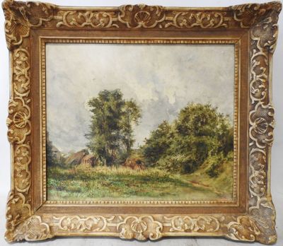 a painting of a landscape with trees and a house in the distance