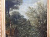 an oil painting of a man and a dog in a wooded setting