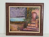 painting of a view of the ocean from a porch with a potted plant