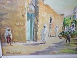 a painting of a street scene with people and a horse