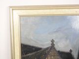 a picture of a painting of a building with a clock on it