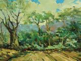 une peinture à l'huile représentant un chemin de terre avec des arbres en arrière-plan