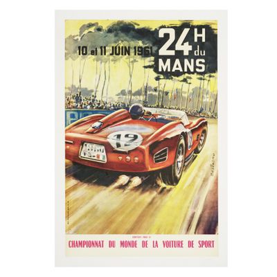 une vieille affiche représentant une voiture de course sur un circuit