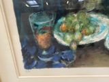 a painting of a plate of fruit and a glass of water on a table