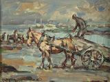un tableau représentant deux chevaux tirant une charrette sur la plage