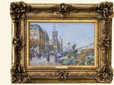 une photo d'un tableau représentant une scène de rue, dans un cadre doré