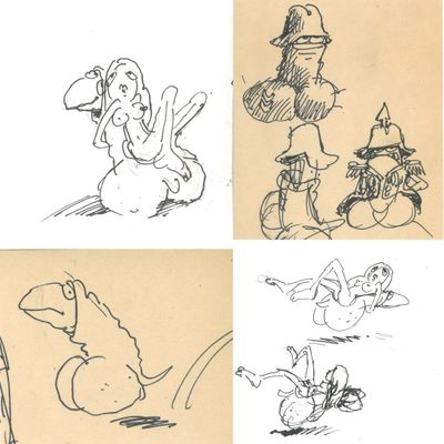 four sketches of cartoon characters are shown in a series of four different poses
