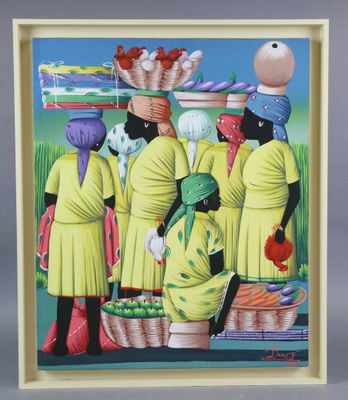 tableau représentant un groupe de femmes avec des paniers de fruits et de légumes