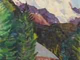 une peinture à l'huile représentant une maison dans un champ, avec une montagne en arrière-plan