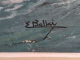 an oil painting of a person swimming in a body of water
