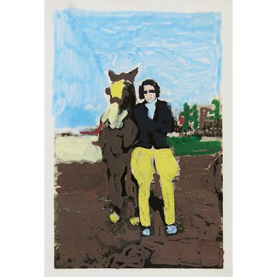 une image représentant un tableau où l'on voit une femme debout à côté d'un cheval
