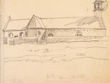 drawing of a farm with a windmill and a barn in the background