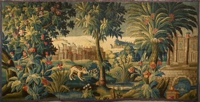 an image of a tapestry hanging on the wall of a room