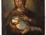une peinture représentant une femme tenant un bébé dans ses bras