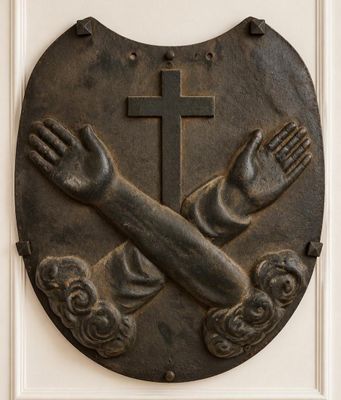 an image of a plaque with a cross and hands on it