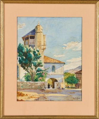 une peinture à l'huile représentant un bâtiment avec une tour horloge en arrière-plan