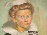 painting of a young girl in a black and white dress with a white hat