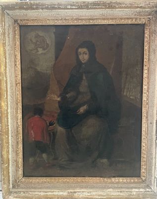 un vieux tableau représentant une femme et un enfant assis sur un banc