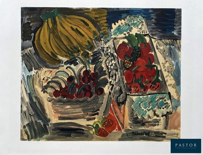 a painting of fruit and vegetables on display on a table