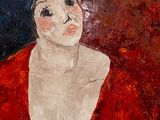 tableau représentant une femme en robe rouge et chapeau noir