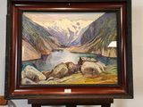 une peinture à l'huile représentant une scène de montagne avec un lac au premier plan