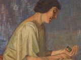 tableau représentant une femme assise sur une chaise, tenant un petit oiseau dans ses mains
