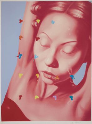 une image représentant un tableau d'une femme avec des papillons sur le visage