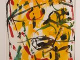 an abstract painting of yellow and green paint on a white background
