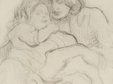 a drawing of a woman holding a child in her lap