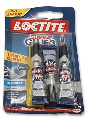 Un paquet contient deux tubes de colle forte Loctite.