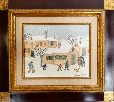 tableau encadré représentant une scène de village avec des personnages et un chien