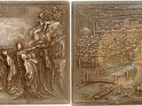 two bronze plaques depicting the birth of jesus and the birth of jesus