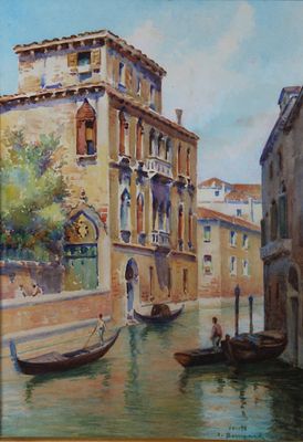 painting of a canal with gondolas and buildings in the background
