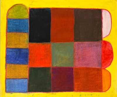 une image représentant un tableau composé de carrés de différentes couleurs sur un fond jaune