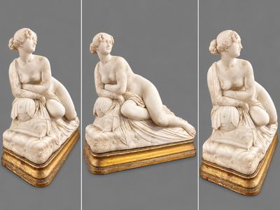 three images of a statue of a woman sitting on a bed