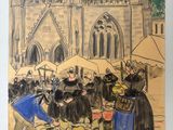 tableau représentant un groupe de personnes debout devant une église