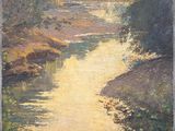une peinture à l'huile représentant une rivière traversant une forêt