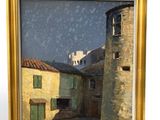 painting of a street scene with buildings and a clock tower