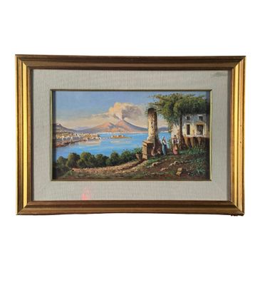 tableau représentant une vue d'une ville et d'un lac, avec une montagne en arrière-plan