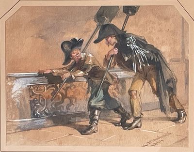 a painting of a man helping another man with a cane