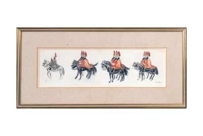 tableau représentant un groupe d'hommes à cheval, alignés en file indienne