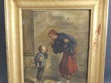 an old painting of a man giving a boy something to his hand