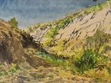 une aquarelle représentant un chemin de terre dans les montagnes