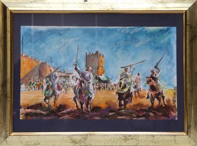 tableau représentant un groupe d'hommes à cheval devant un château