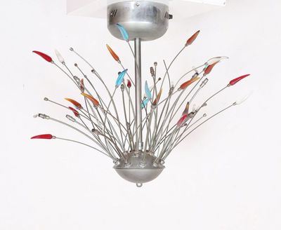 Lustre en métal à décor de pampilles en verre de Murano tein…