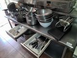 many pots and pans that are on the kitchen counter