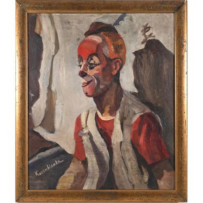 une peinture à l'huile représentant un homme portant des lunettes et une chemise rouge